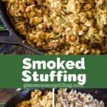 Smoked stuffing collage. Top overhead image of cast iron pan full of stuffing, bottom sid by side images of smoked stuffing and uncooked stuffing on the smoker.
