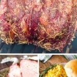 Traeger Prime Rib collage. Top image of whole prime rib on the smoker, two bottom images of slicing prime rib and prime rib on plate with corn and rolls.