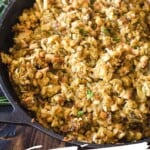 Traeger smoked stuffing in cast iron pan