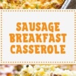 Breakfast Casserole Pinterest Collage. Top is breakfast casserole in a foil baking pan, bottom is a scoop of breakfast casserole.