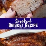 Smoked Brisket collage. Top image of hand holding a slice of smoked brisket, bottom image of brisket being cut