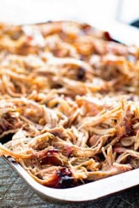 Easy pulled smoked pork butt in a pan