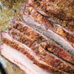smoked beef brisket slices on pan
