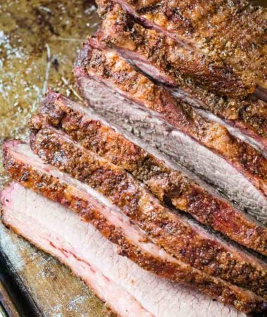 smoked beef brisket slices on pan