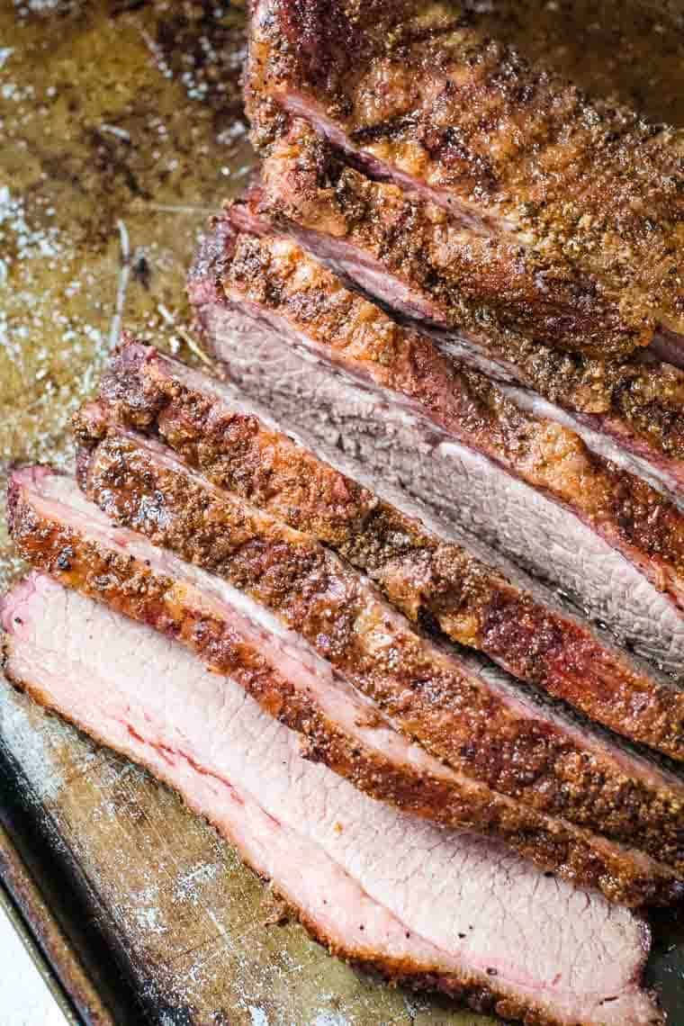 smoked beef brisket slices on pan