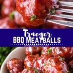 Traeger BBQ Meatballs collage. Top image of meatball on a fork, bottom image of bowl of meatballs