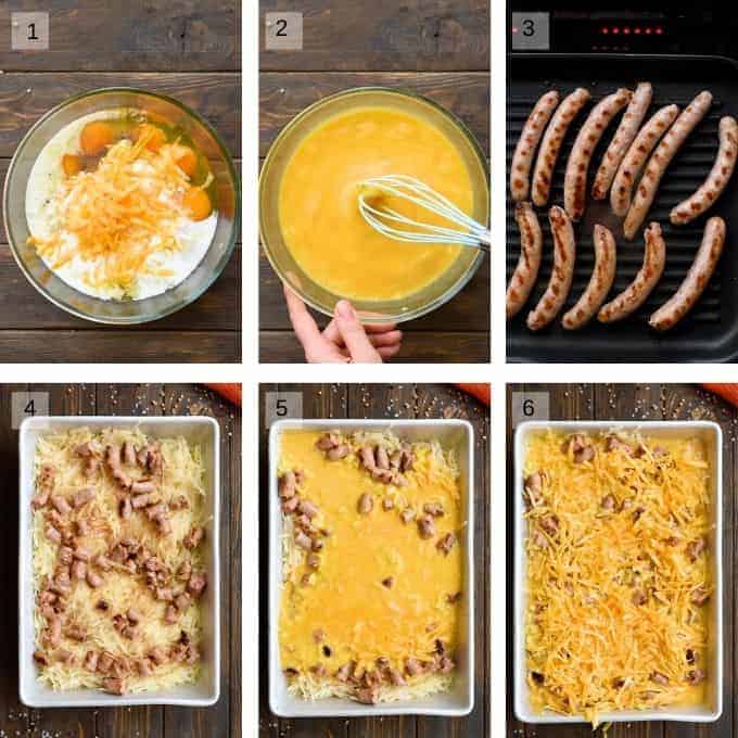 Collage of 6 photos showing how to make Sausage Breakfast Casserole
