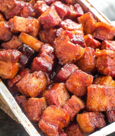 smoked pork belly burnt ends in foil pan