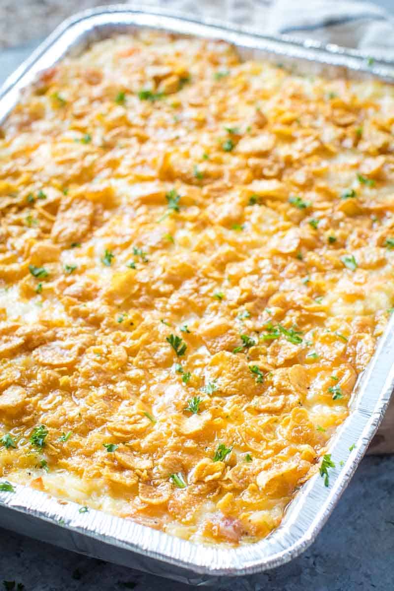 Cheesy Potato Casserole in foil pan