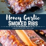 Honey garlic smoked ribs collage. Top image of smoked ribs, bottom image of ribs being brushed with sauce