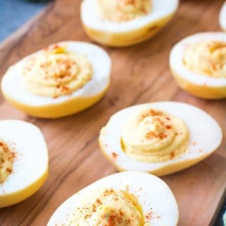 Traeger Deviled Eggs on cutting board