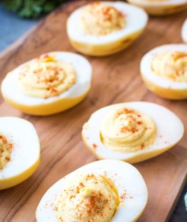 Traeger Deviled Eggs on cutting board