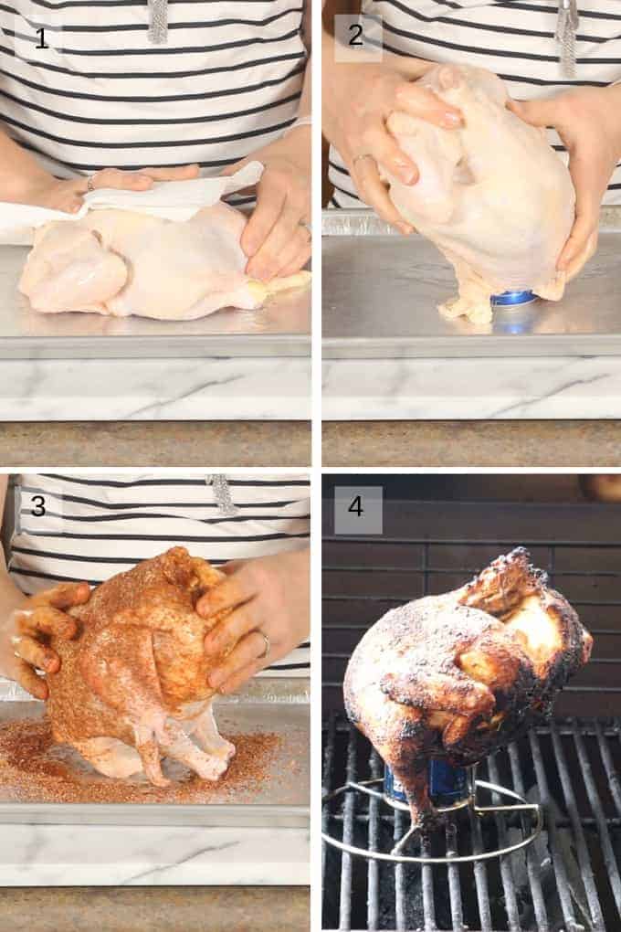 Collage of four images showing how to prep chicken for grilling on beer can