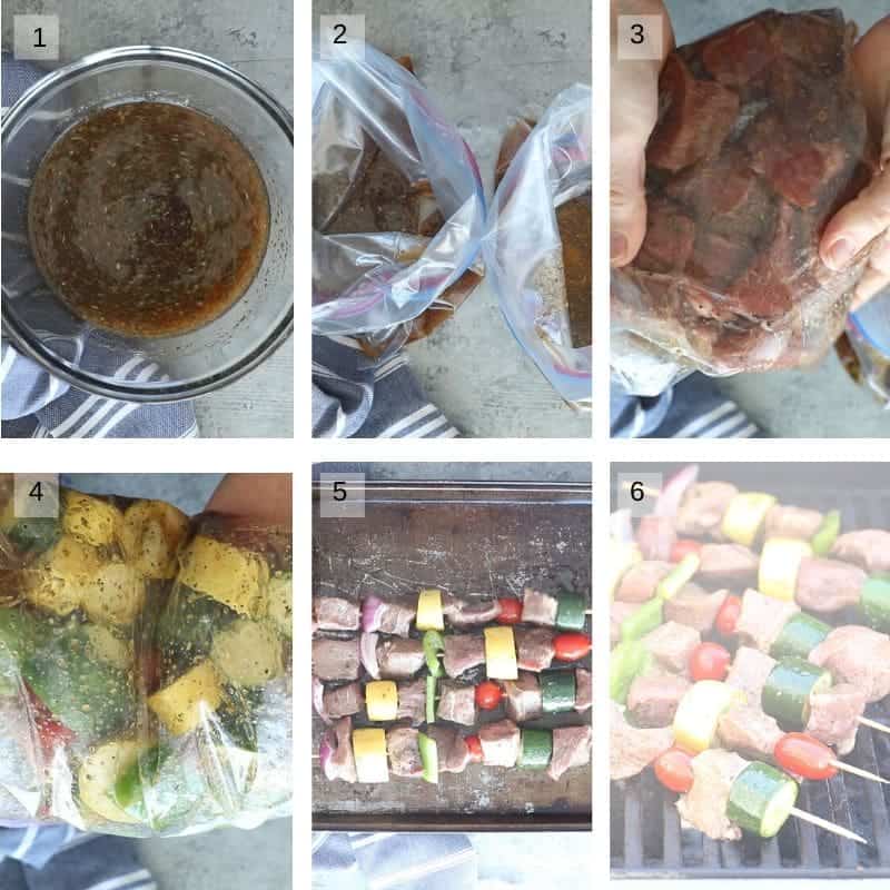 Collage of six images showing making marinade steak and vegetables in marinade and assemblying kabobs