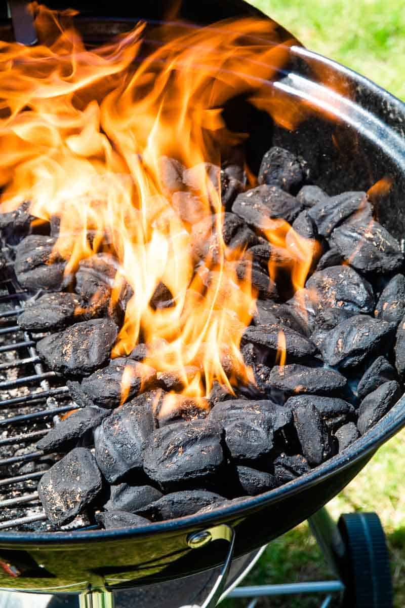 Flames of lit charcoal