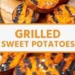 Grilled sweet potatoes collage. Two close up images of grilled sweet potatoes