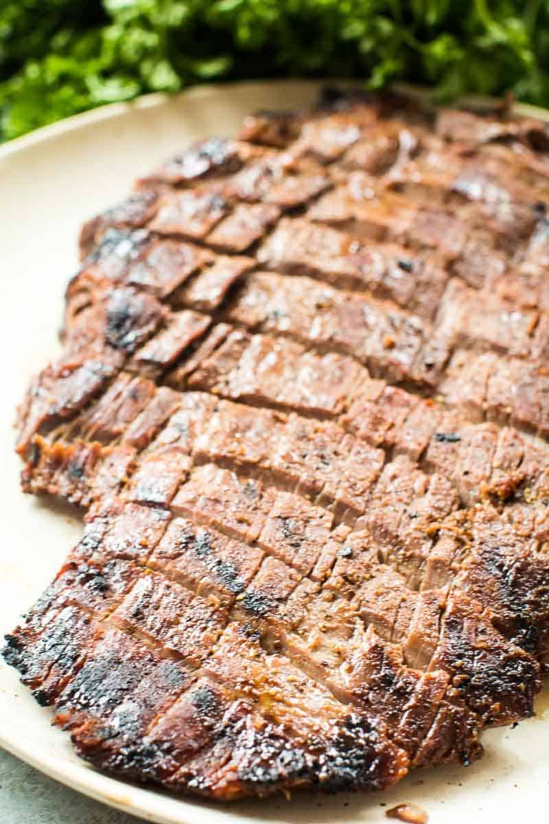 Marinated Smoked Flank Steak on plate