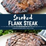 Smoked flank steak collage. Two close up images of smoked flank steak on a white plate