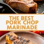 Pork chops marinade collage. Top pork chops on grill pan, bottom grilled pork chop on brown plate