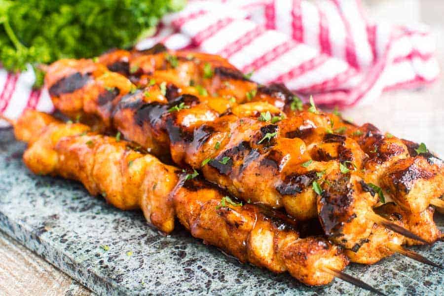 Chicken Kabobs on granite cutting board