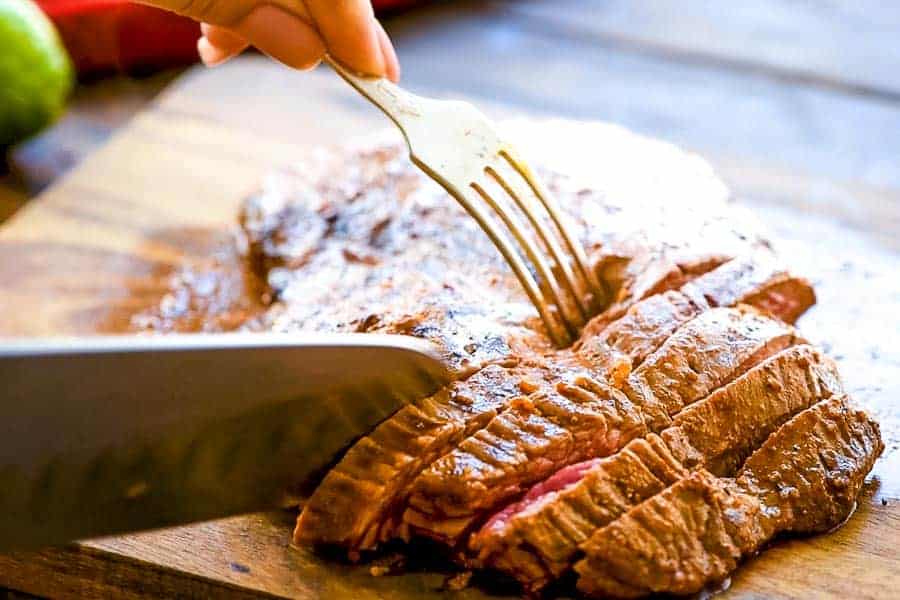 Cut Steak for Tacos on cutting board