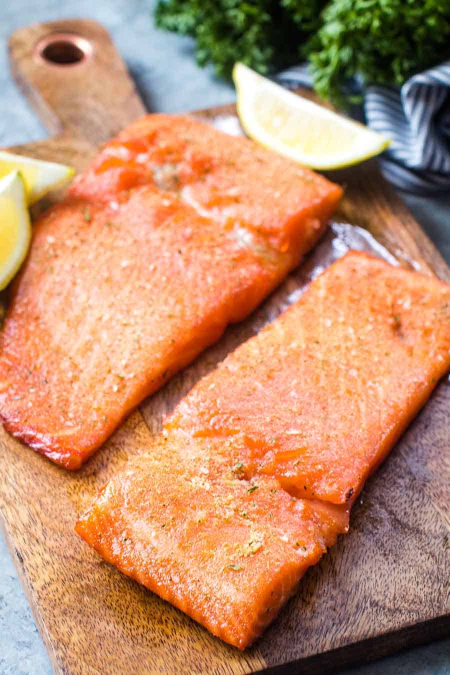 Smoked salmon on cutting board