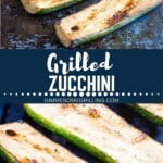 Two close up images of grilled zucchini on a black surface