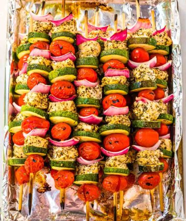 Greek Chicken Skewers on pan