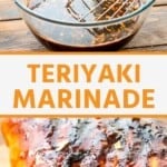 Teriyaki marinade collage. Top image of marinade and whisk in a glass bowl, bottom image of grilled teriyaki chicken