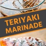 Teriyaki marinade collage. Top image of marinade and a whisk in a glass bowl, bottom image of grilled teriyaki chicken