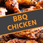 BBQ Chicken collage. Top image of bbq chicken on a cutting board, bottom image of grilled chicken in a pan