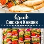 greek chicken kabobs collage. Top image of cooked chicken kabobs plated with pita and vegetables, bottom image of a stack of greek chicken kabobs in a pan