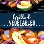 Grilled vegetables collage, top image of vegetables on a grill pan, bottom image close up of vegetables on a spatula