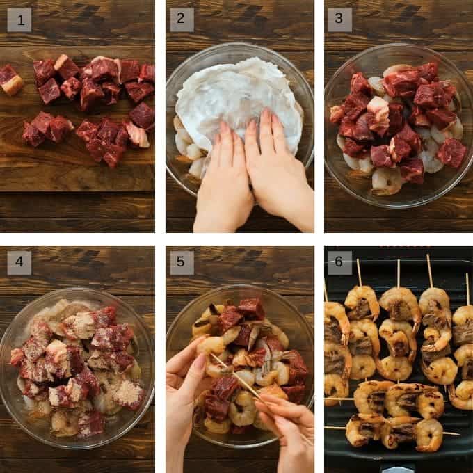 Collage of six images showing how to make steak and shrimp kabobs