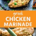 Greek chicken marinade collage. Top image of grilled chicken breasts with sauce, bottom image of uncooked chicken breasts being brushed with marinade.
