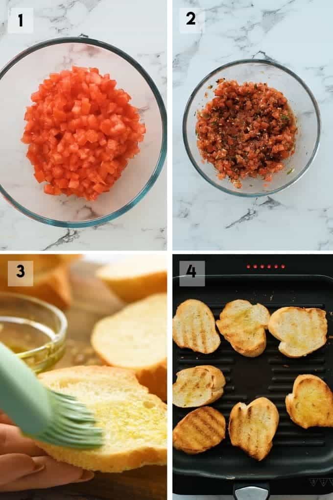 Four photo collage of how to make bruschetta