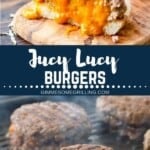 Juicy Lucy burgers pinterest collage. Top image of a cut in half juicy lucy on a wooden board, bottom image of burgers cooking on a grill pan.