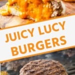 Juicy Lucy burgers pinterest collage. Top image of a cut in half Juicy Lucy burger on a wood plank, bottom image of a burger cooking on a grill pan