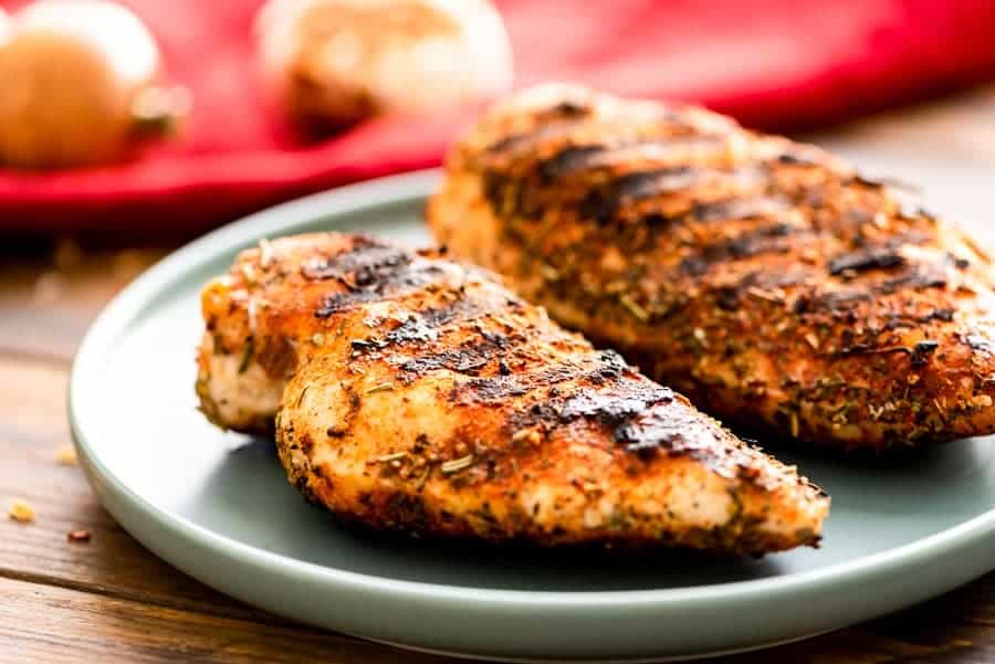 Grilled chicken breasts on plate