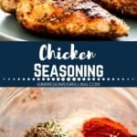 Chicken seasoning collage. One image of grilled chicken breasts, one image of seasonings unmixed in a glass bowl.