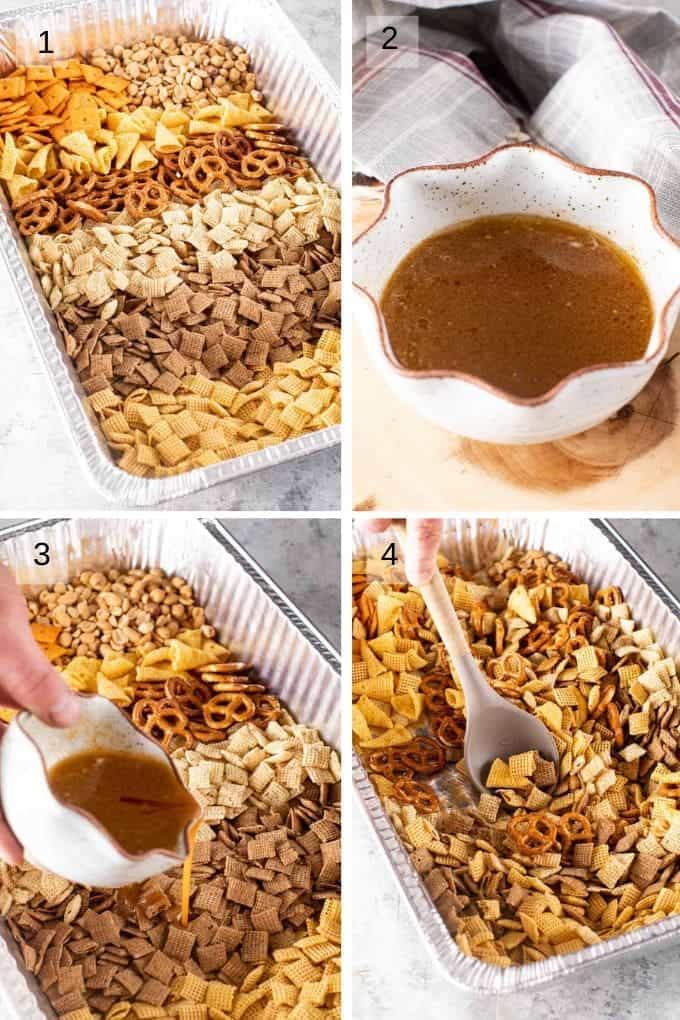 Collage of step by step photos to make smoked snack mix