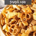 Smoked snack mix in a white bowl.