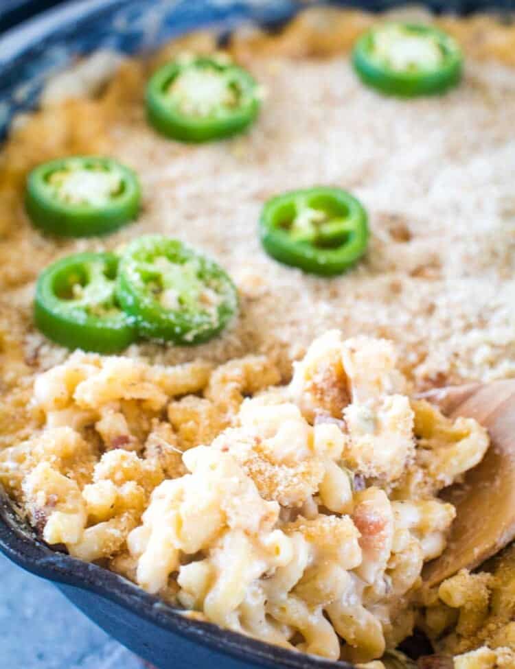 Smoked Jalapeno Popper Mac and Cheese on spoon in skillet