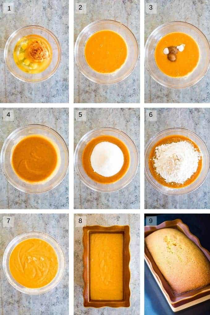 collage of step by step photos to make pumpkin bread