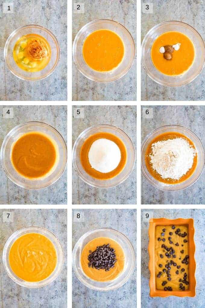 Nine photo collage step by step of how to make the batter for pumpkin bread