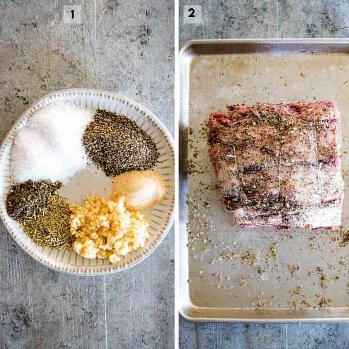 Uncooked prime rib on pan and plate of unmixed seasoning