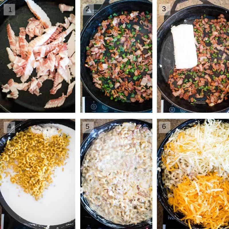 Photo collage of pictures to make jalapeno mac and cheese