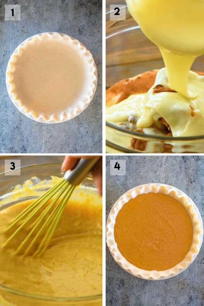 Collage of step by step photos to make pumpkin pie
