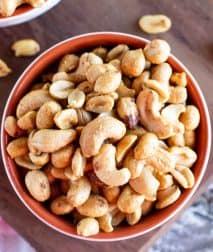 Overhead photo of a bowl of smoked nuts