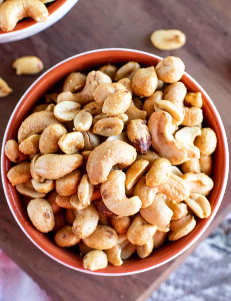 Overhead photo of a bowl of smoked nuts